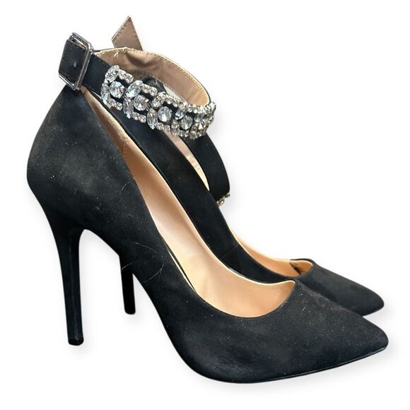 ABOUND Women’s Black Suede Rhinestone Ankle Strap Pointed Toe High Heel Pumps Si - Picture 1 of 7